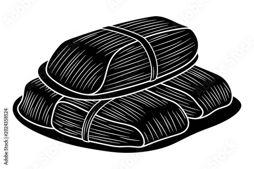 A stack of wrapped tamales illustration, traditional latin american and mexican cuisine in monochrome sketch.