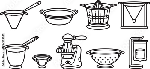 Foto Set of six kitchen utensils with holes for straining Vector