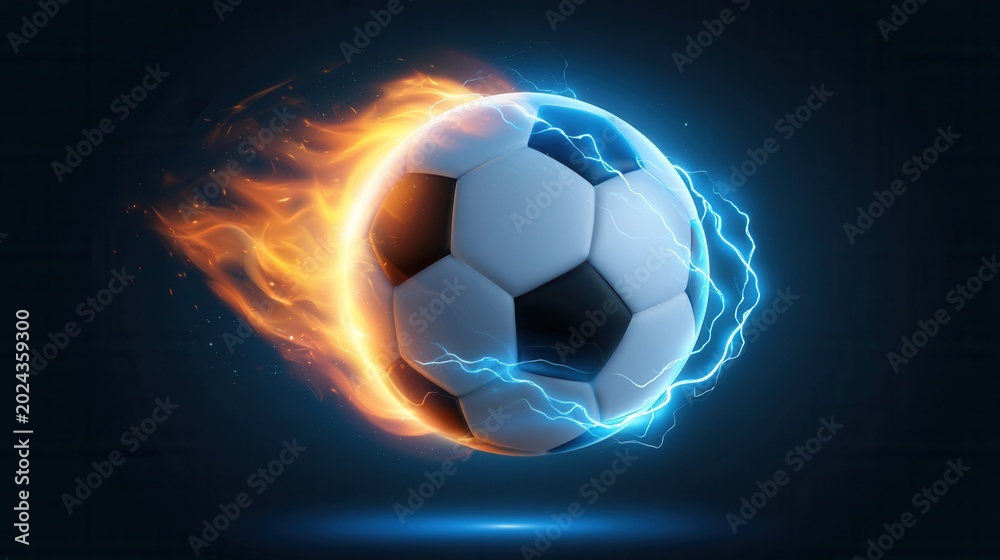 Naklejka premium Soccer ball flying with intense fire flames and blue lightning electricity effects.