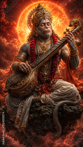 Divine Hanuman, the monkey god, plays a traditional string instrument under a fiery sun amidst mystical red clouds.