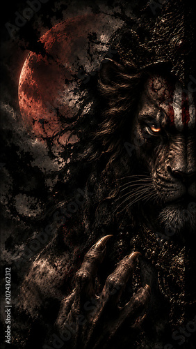 Dark and intense depiction of a powerful lion-human deity under a blood-red moon, with glowing eyes and a fierce expression.