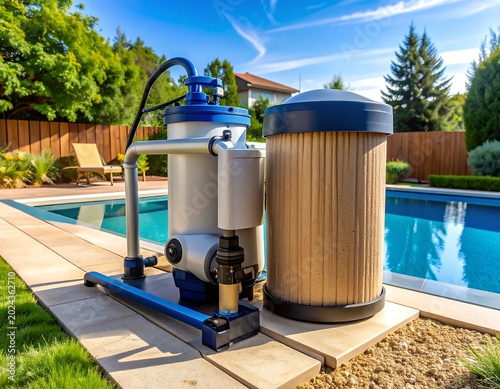 Modern Pool Filtration System Standing Beside Clear Backyard Swimming Pool