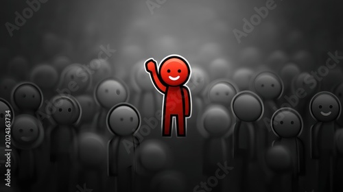 Smiling red figure stands out.