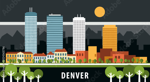 Foto Vibrant urban cityscape vector illustration showcasing modern buildings, lush pa