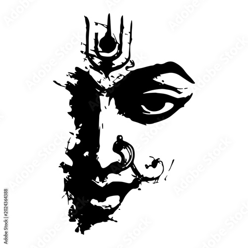Tableau sur toile Lord Shiva face silhouette with third eye and tilak in black ink grunge style