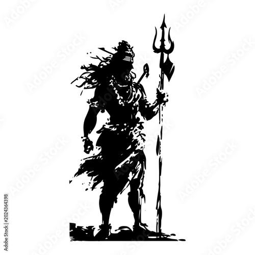 Cuadro en lienzo Standing lord shiva silhouette holding a trishula trident in black ink splatter