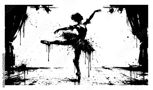 Bild auf Leinwand Ballerina performing on theater stage in expressive ink splatter style