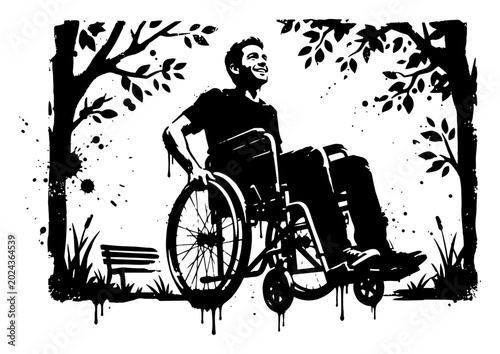 Man in wheelchair enjoying nature in park in artistic ink drip style