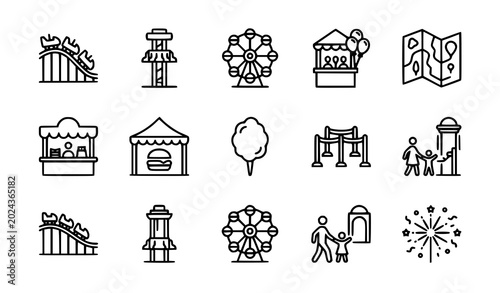 Fotografi Roller coaster amusement park icon pack with carnival ride and attraction vector