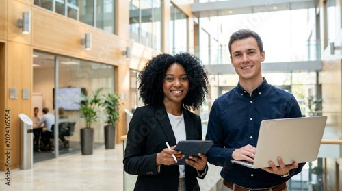 Young happy professional work team of two diverse confident female and male partners employees business people man and woman standing together in office looking at camera, corporate portrait.