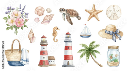 Fotografija Seaside watercolor elements with tropical coastal moods