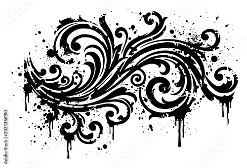 Canvastavla Ornamental floral scrolls with ink splatters and artistic drips in grunge style