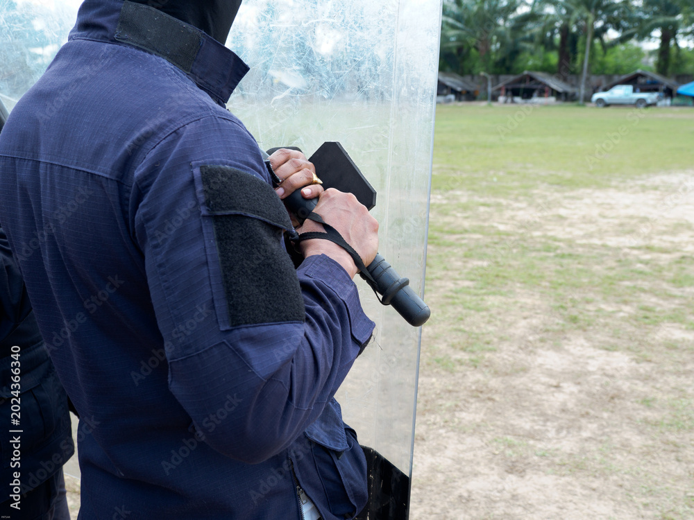 Fototapeta premium Riot police control the crowd practice and review on the grass field.