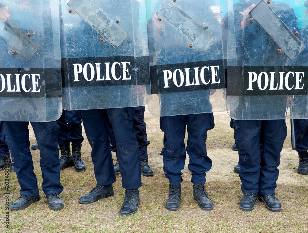 Fototapeta premium Riot police control the crowd practice and review on the grass field.