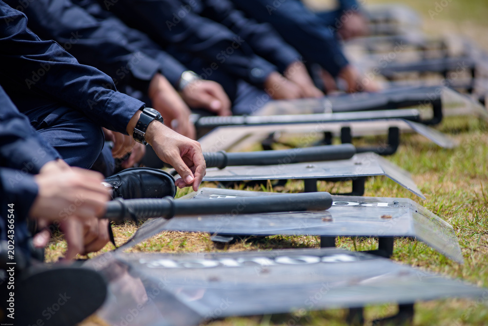 Fototapeta premium Riot police control the crowd practice and review on the grass field.