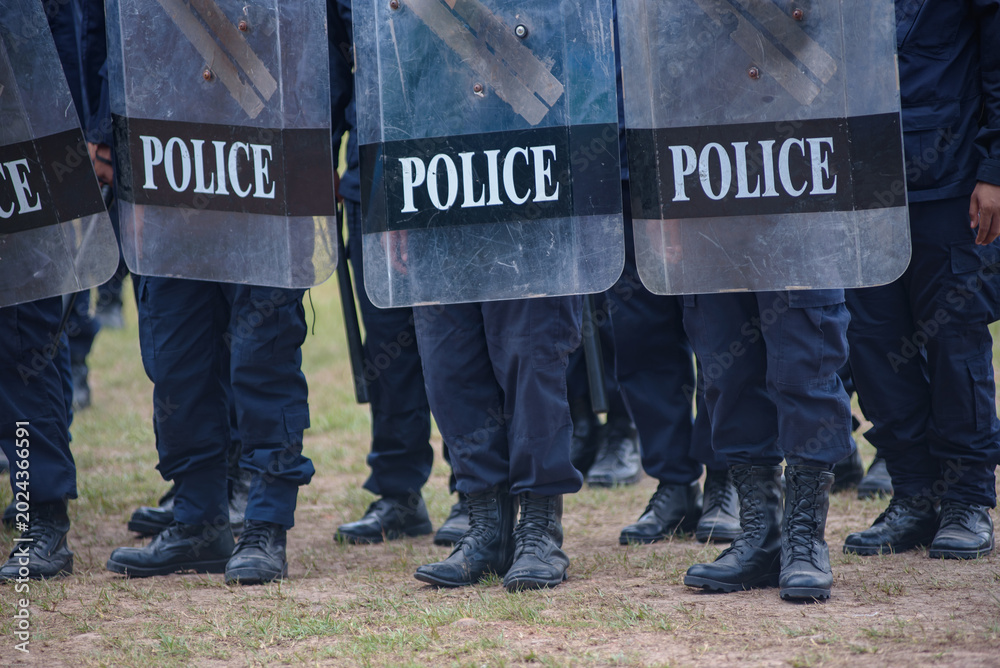 Fototapeta premium Riot police control the crowd practice and review on the grass field.