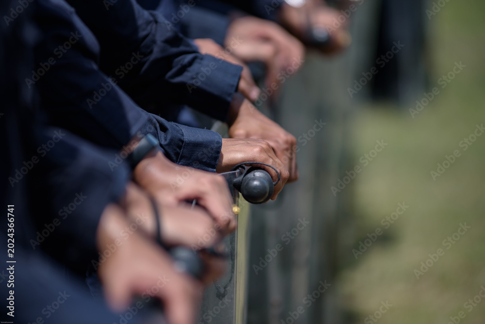 Fototapeta premium Riot police control the crowd practice and review on the grass field.