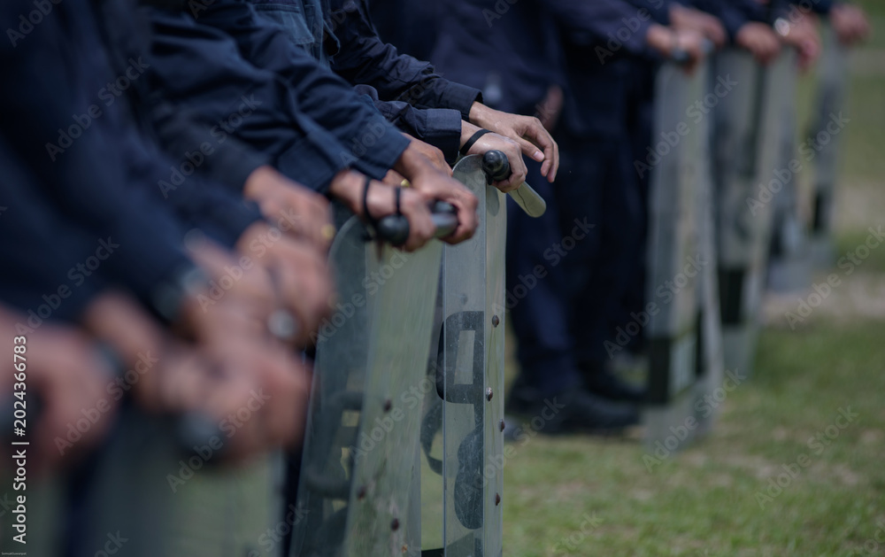 Fototapeta premium Riot police control the crowd practice and review on the grass field.