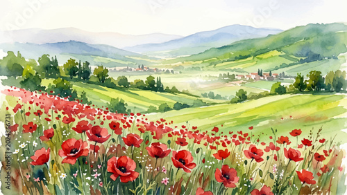 Foto Watercolor Poppy Flower Field Landscape with Hills and Village