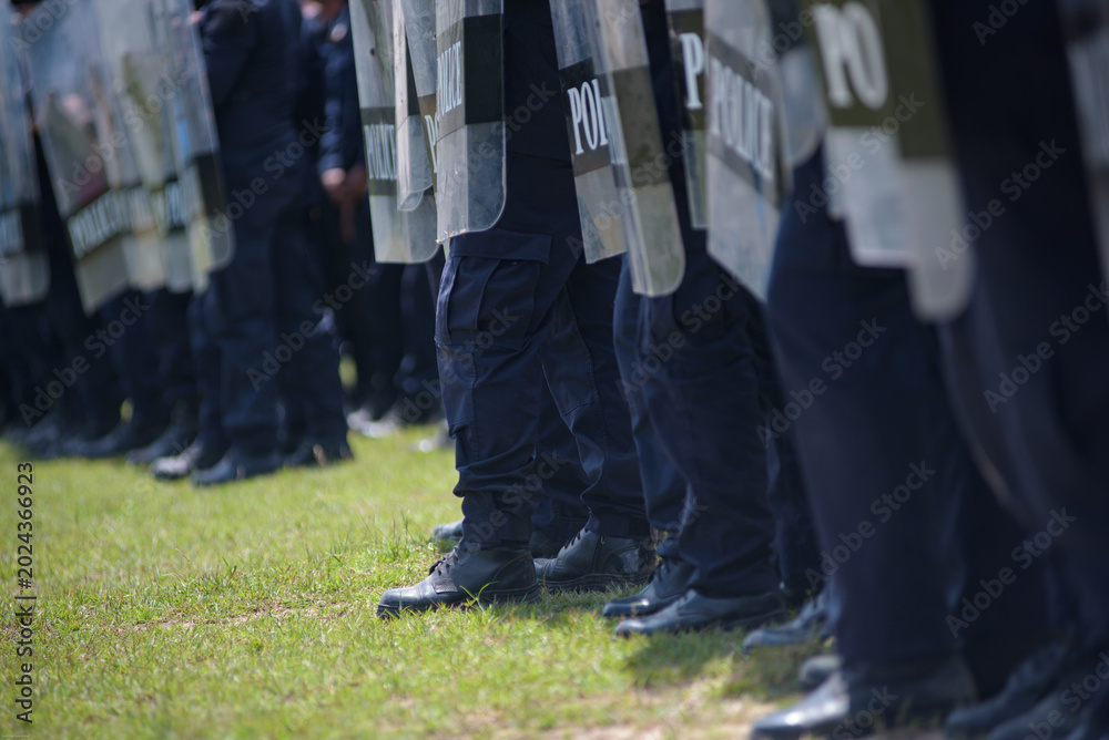 Fototapeta premium Riot police control the crowd practice and review on the grass field.