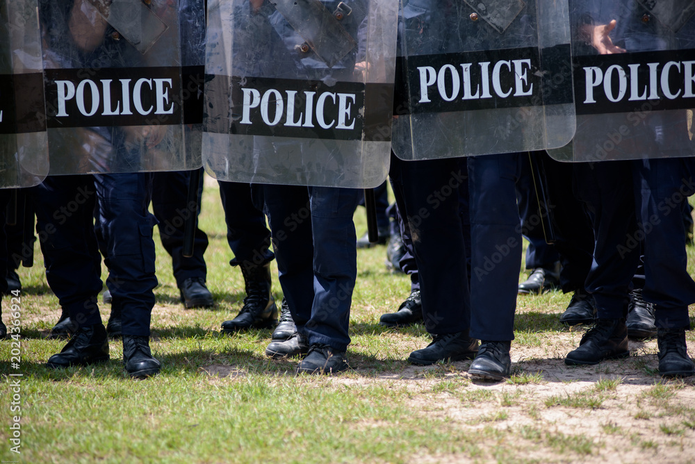 Fototapeta premium Riot police control the crowd practice and review on the grass field.