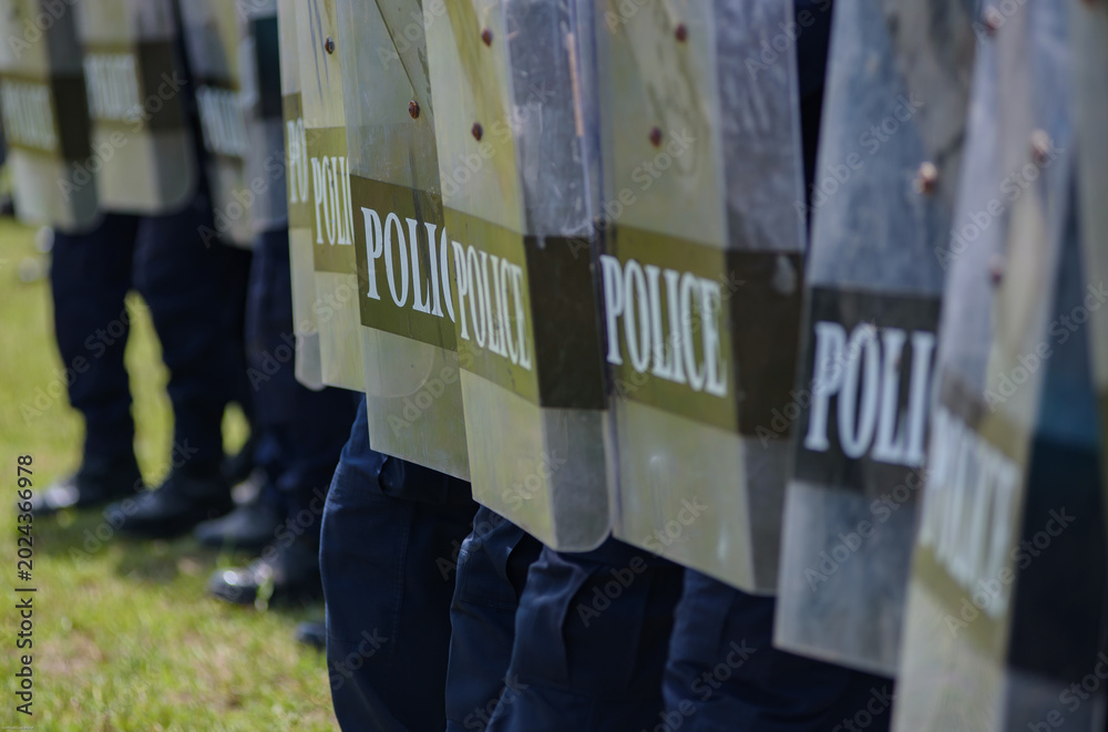 Fototapeta premium Riot police control the crowd practice and review on the grass field.