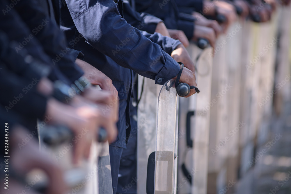 Fototapeta premium Riot police control the crowd practice and review on the grass field.