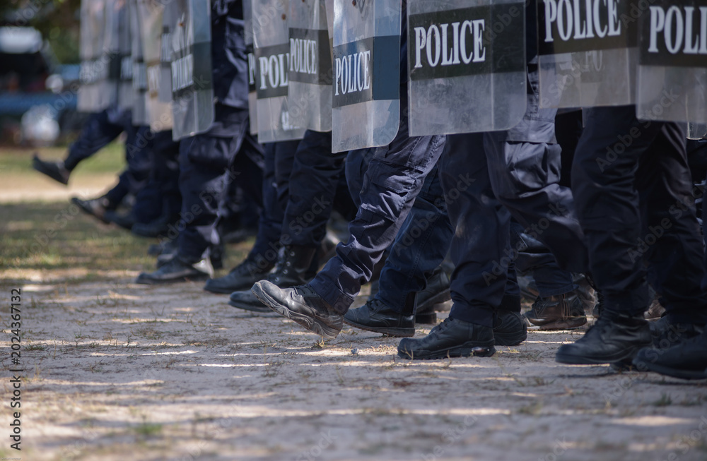 Fototapeta premium Riot police control the crowd practice and review on the grass field.