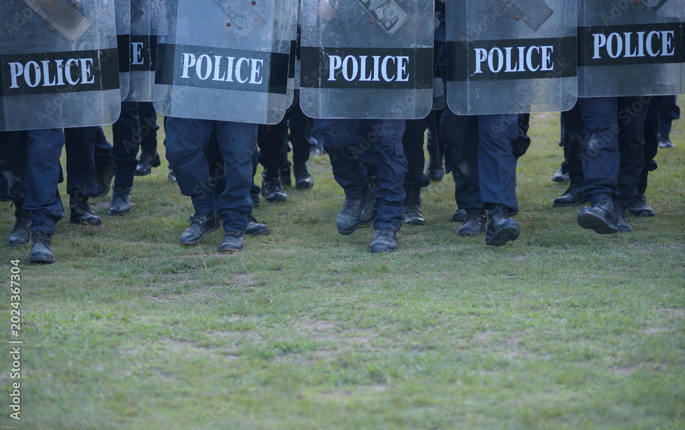 Fototapeta premium Riot police control the crowd practice and review on the grass field.