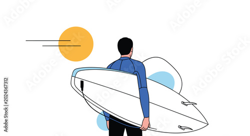 Back view of a surfer in a blue wetsuit carrying a surfboard towards the water with a bright yellow sun and geometric shapes in background.