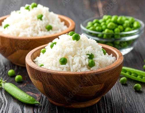 Steamed White Rice with Green Pea Served in Wooden Bowl on Rustic Table