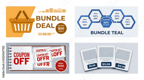 Isolated shopping basket, bundle deal text, coupon offer graphics, and product cards with prices