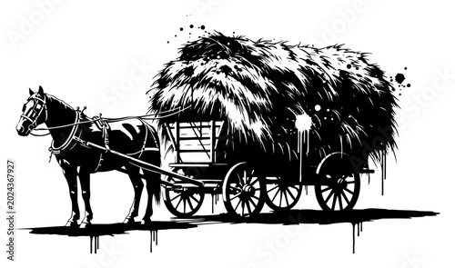 Fotografie Horse pulling a wooden wagon loaded with hay in artistic ink splash style