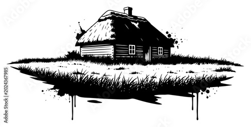Cuadro en lienzo Traditional rural cottage with thatched roof in artistic ink splatter style