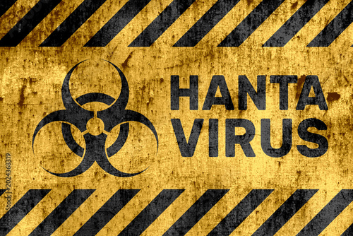 hantavirus bio hazard sign warning message on rust steel wall