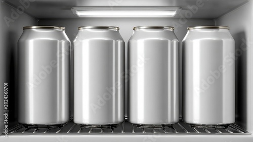 Blank silver aluminum cans in row on refrigerator shelf mockup