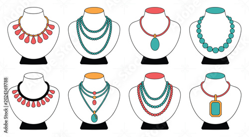 Foto Set of Necklace Display Vector Illustrations Featuring Beaded, Layered, Pendant,