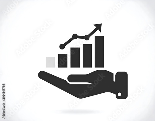 Black Hand Holding Rising Bar Chart Icon on White Background