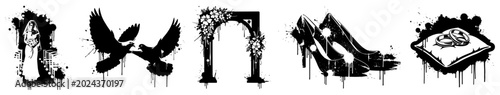 Foto Wedding decorative icons with bride silhouette and doves in black ink splatter s