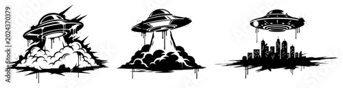Konstfotografi UFO spaceships hovering over city skyline in grunge ink splatter style