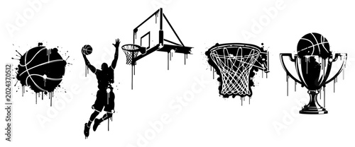 Fotografie Basketball elements collection including player dunking and championship trophy