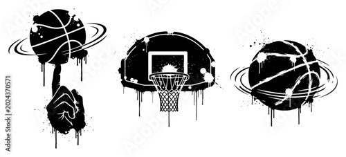 Foto Basketball icons set with spinning ball and hoop in black and white ink drip sty