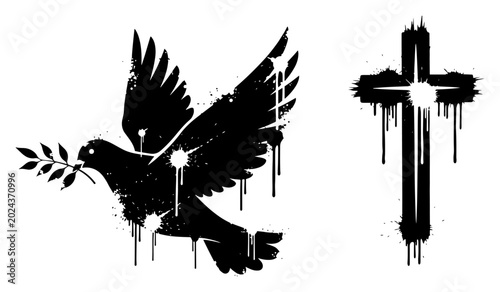 Canvas Print Dove carrying olive branch and Christian cross in black and white ink splatter s