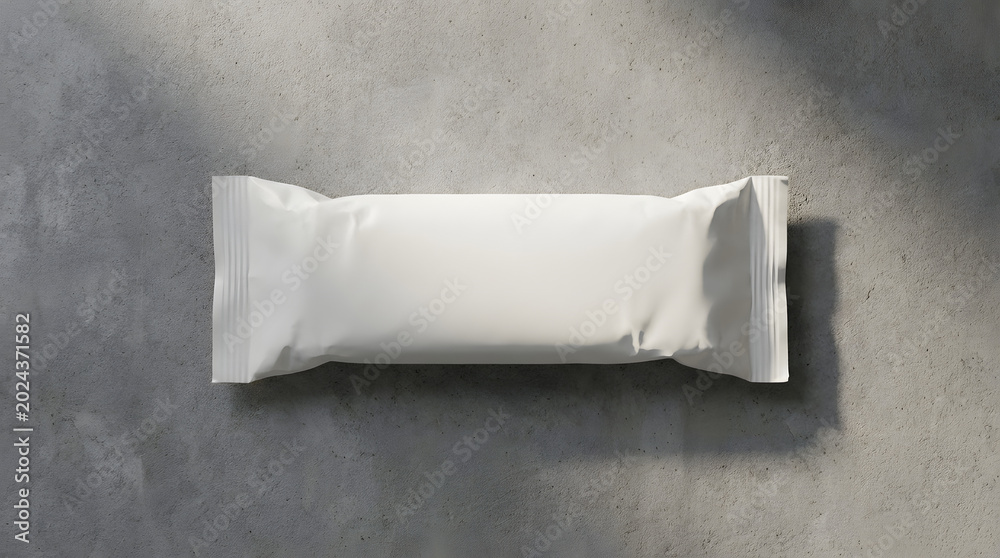 Fototapeta premium Empty snack bar wrapper on neutral textured background minimalist product packaging mockup. Generative AI