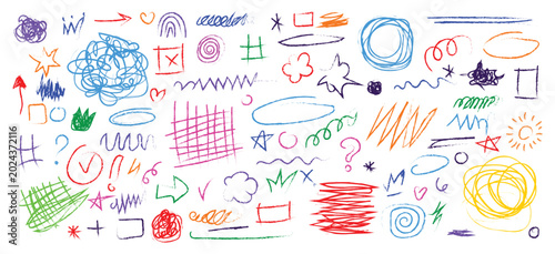 Hand drawn crayon texture doodles and pencil scribbles vector set. Abstract colorful charcoal arrows, rough sketch stars, lines, and grunge chalk graphics elements.