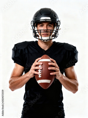 Determined football player in black uniform holding a ball in a studio shot on white background.