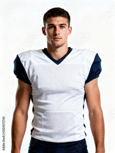 Determined football player wearing shoulder pads posing in a bright studio on a white background.