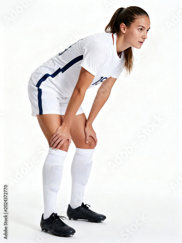 Determined female athlete in white kit resting on knees in a bright, clean studio full body shot.