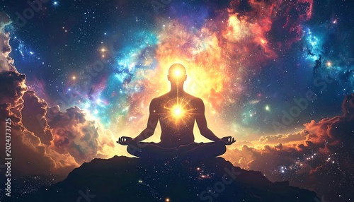 Glowing Meditating Silhouette Sitting in Lotus Pose Against Colorful Cosmic Nebula Sky