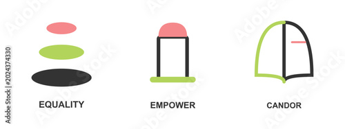 Photos Icons representing equality empower and candor for business and personal growth principles